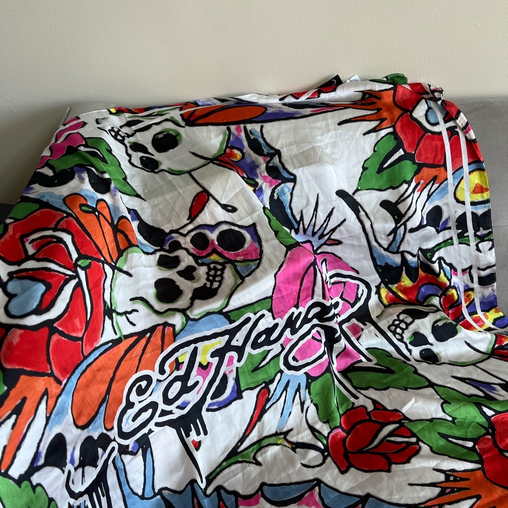 Oversized ED Hardy White Silk-Feel Scarf with Colorful Skull & Rose Print